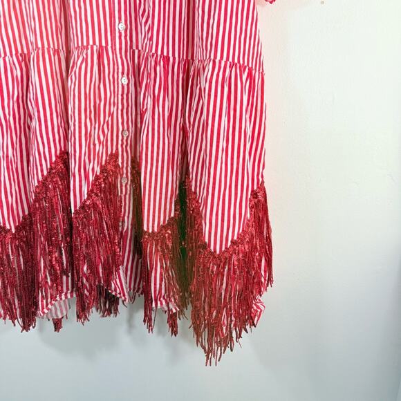 Fantastic Fawn Red White Stripe Sequin Tassel Fringe Shirt Dress Small College - Picture 3 of 14